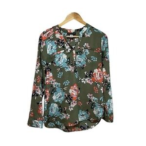 Simply Styled Blouse Size S Green Floral Long Sleeve w/ Shoulder Design